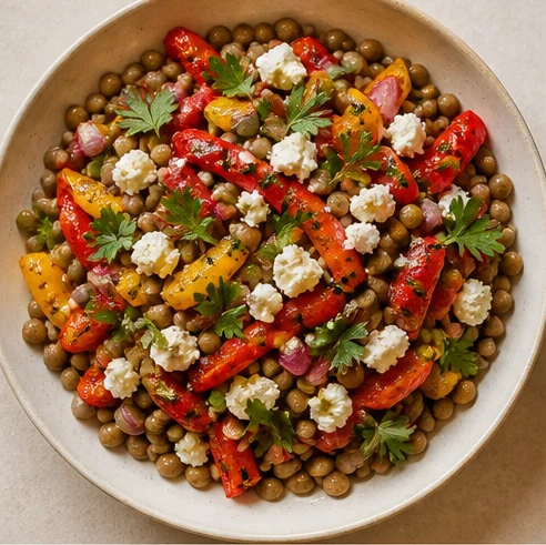 Ensalada de lentejas con vegetales asados, perejil y queso