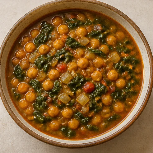 Guiso de garbanzos y espinaca en un cuenco de cerámica