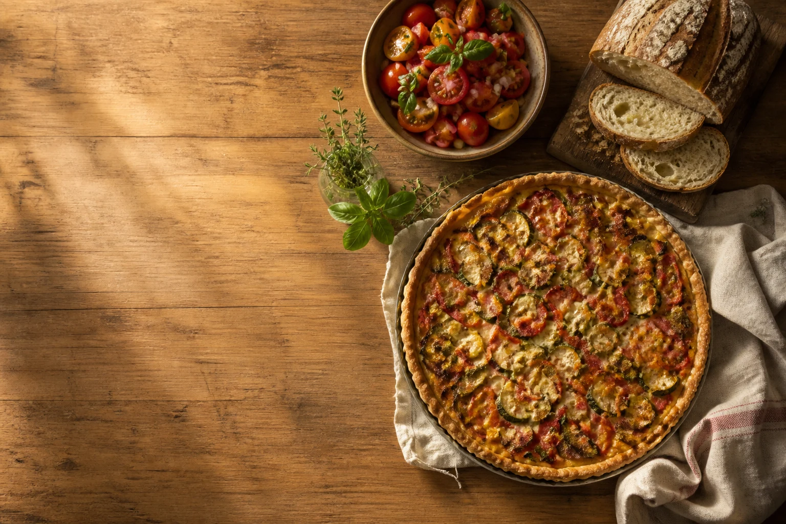Mesa cálida con tarta de verduras, ensalada y pan