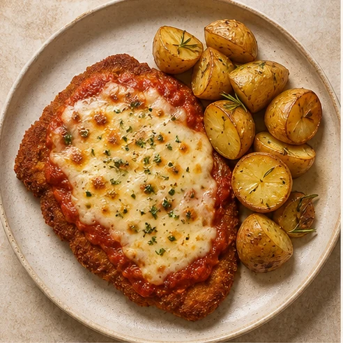 Milanesa napolitana con queso fundido y papas doradas