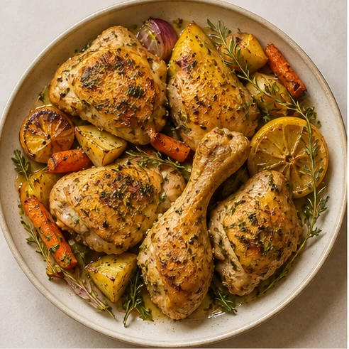 Pollo dorado al horno con limón, papas y zanahorias
